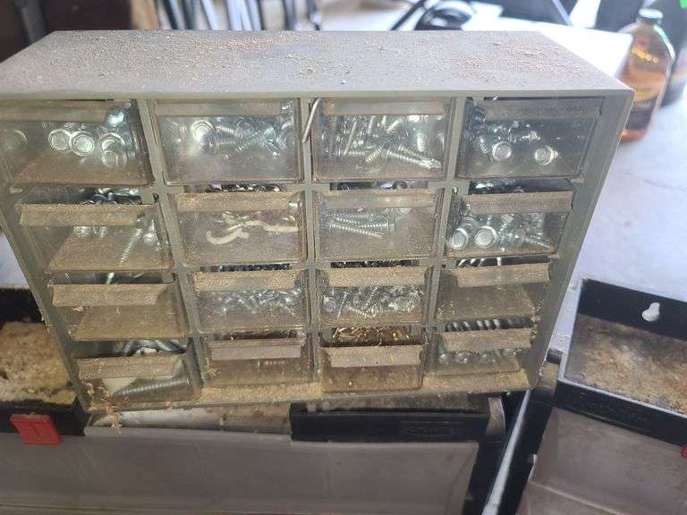 Four Plastic PikANut Organizers with Contents and Bag of Lag Bolts