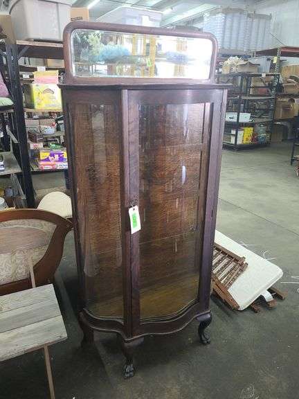 Antique Curved Front China Cabinet W/ Claw Feet Wooden Shelves  & Key ( Approx 34" x 15" x 59" Tall)