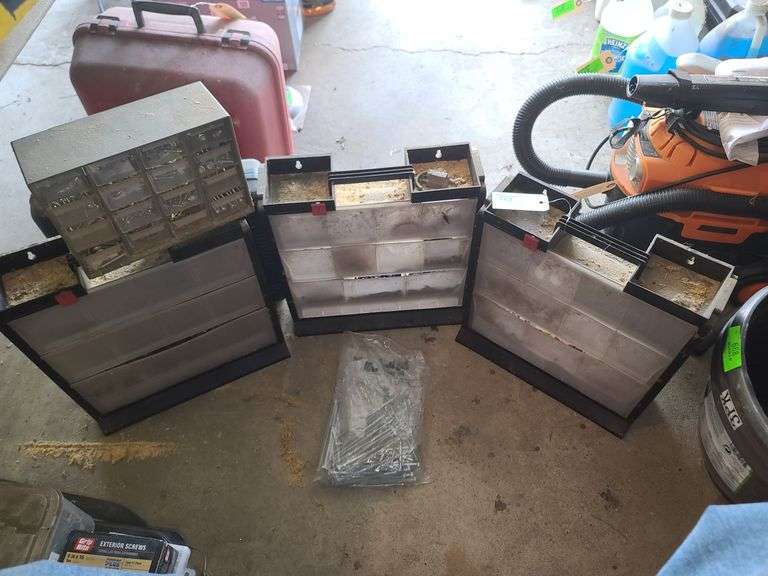 Four Plastic PikANut Organizers with Contents and Bag of Lag Bolts