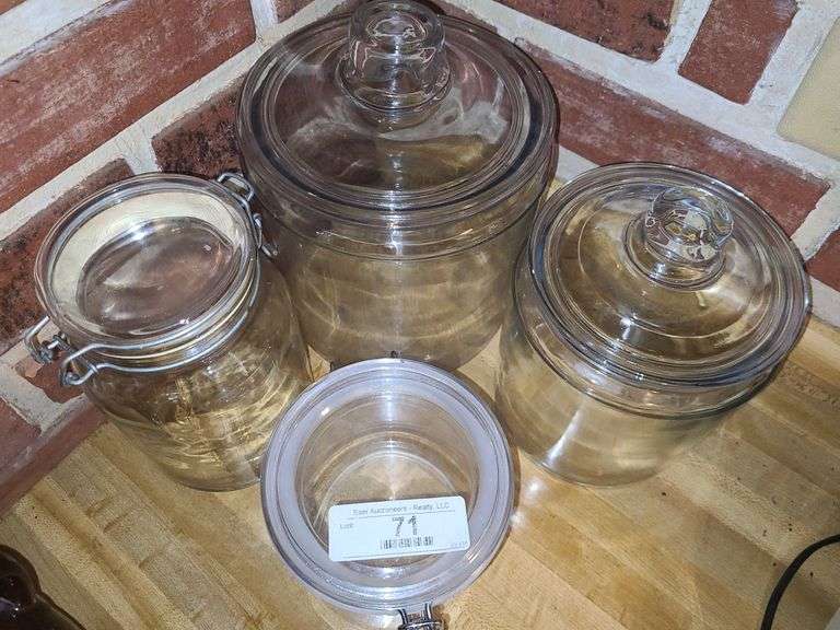 3 Glass Canisters & Plastic Canister