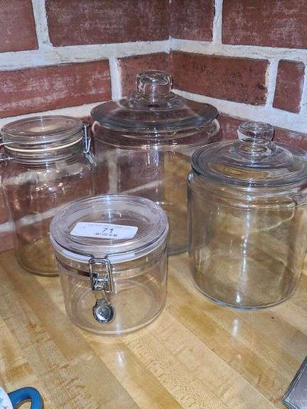 3 Glass Canisters & Plastic Canister