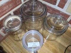3 Glass Canisters & Plastic Canister