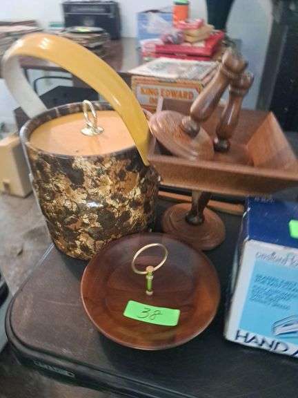 Ice Bucket, Wooden Dishes, And Framed Pictures