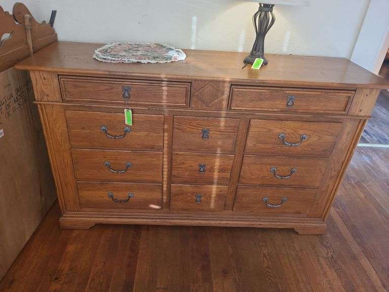 Vintage 2 Pc. 11 Drawer Wooden Dresser With Mirror