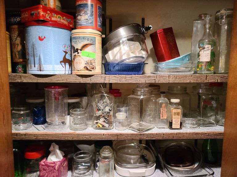 Contents of Three Shelves Only: Tins, Casseroles, Glass Canisters, Vases,