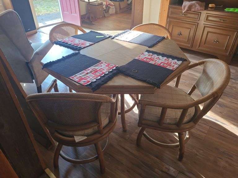 Octagonal Table, Leaf, And 4 Rattan Chairs