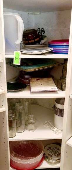 Contents of Four Shelves: Light Tester, Power Juicer (untested), Glass Bottles, Vases, Plastic Dishes, Serving and Storage Bowls