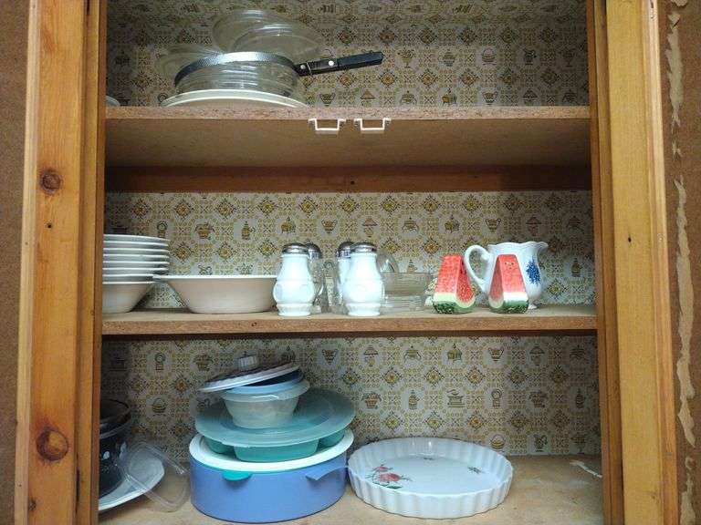 Contents Of 2 Cabinets, Pie Pan, Salt And Pepper Shakers, And Lemon Juicer