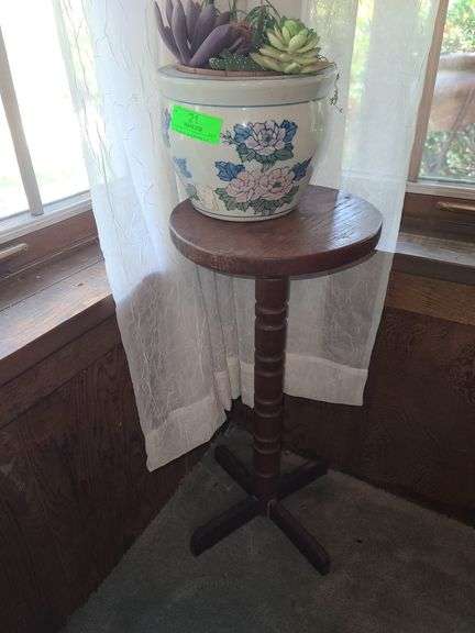 Small Wood Plant Stand, Approx. 24x10, Planter with Plastic Flowers