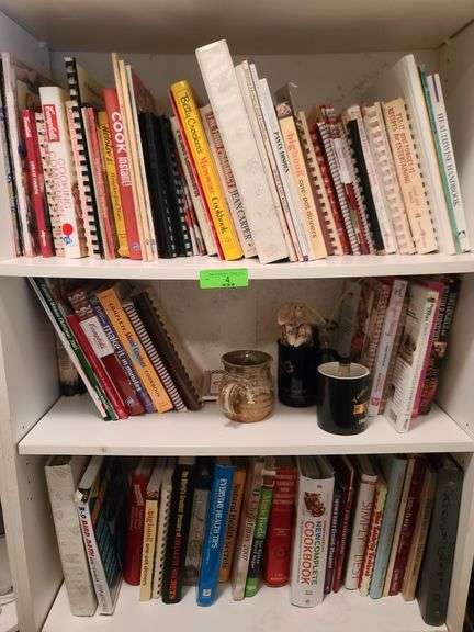 Three Shelves of Cookbooks, Bird Bath De-Icer(untested), Coffee Mugs,