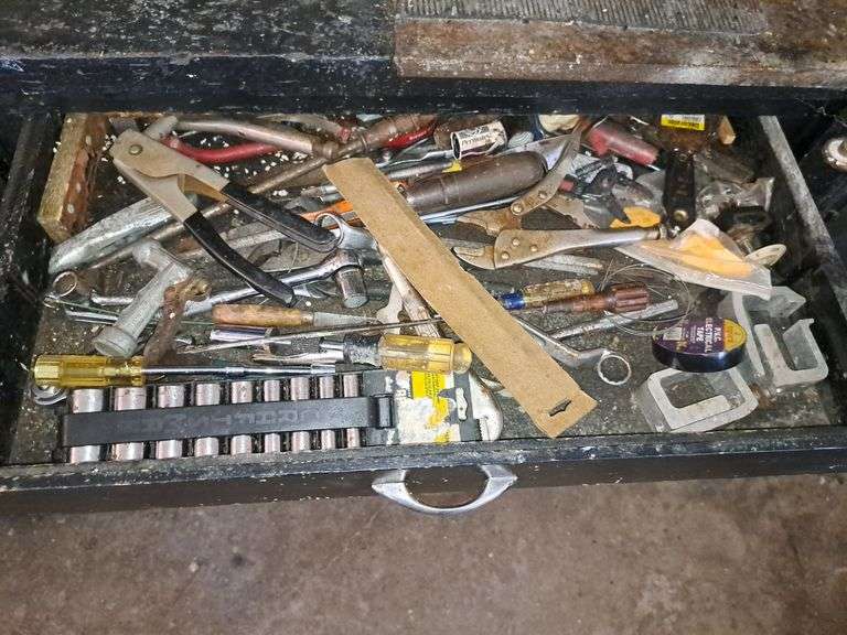 Contents Of Drawers, Paint Brushes, Assorted Tools, Wrenches, Wire, And Hammers