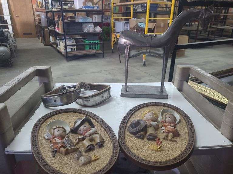 Western Home Decor, Wooden Stirrups, Metal Horse Statue, And Wall Hangings