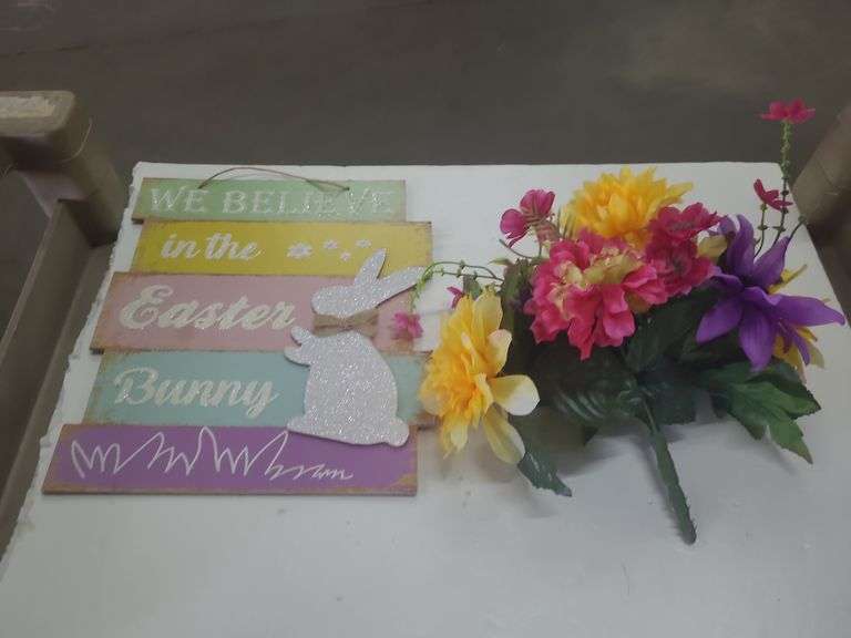 Box Of Easter Decor, Sign, Flowers, And Tulle