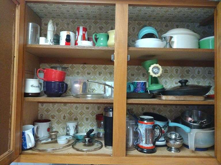 Contents Of Cabinet, Mugs, Bowls, And Measuring Cups