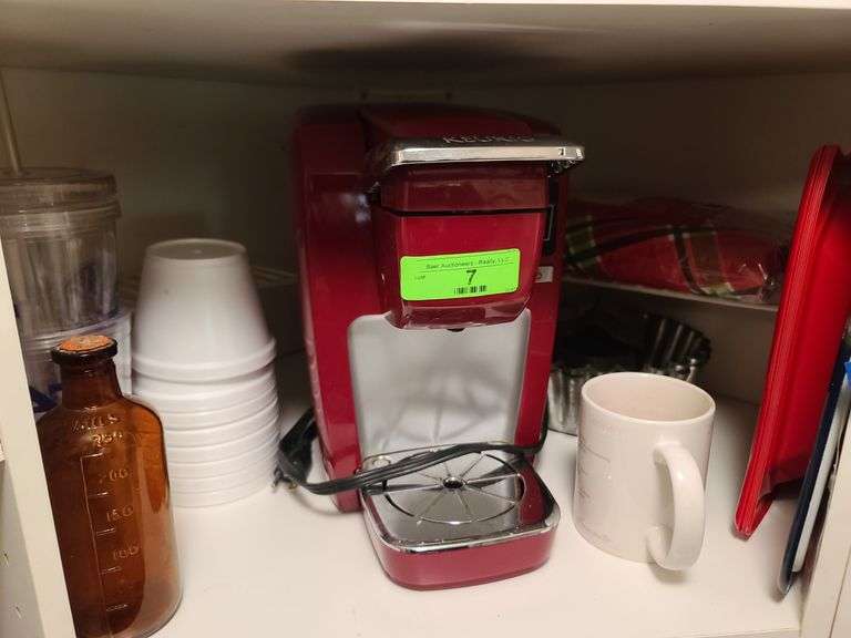 Keurig, Coffee Mug, Plastic and Styrofoam Cups, Small Wire Shelves, Cake Molds and Brown Medicine Bottle