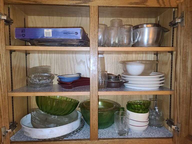 Contents of Two-Door Cabinet: Plates, Bowls, Glassware, Egg Tray(in Box) and Metal Mixing Bowls