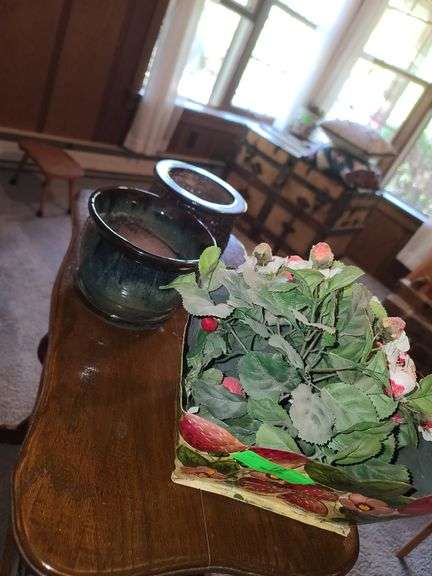 Decorative Metal Basket with Plastic Flowers and Two Planters