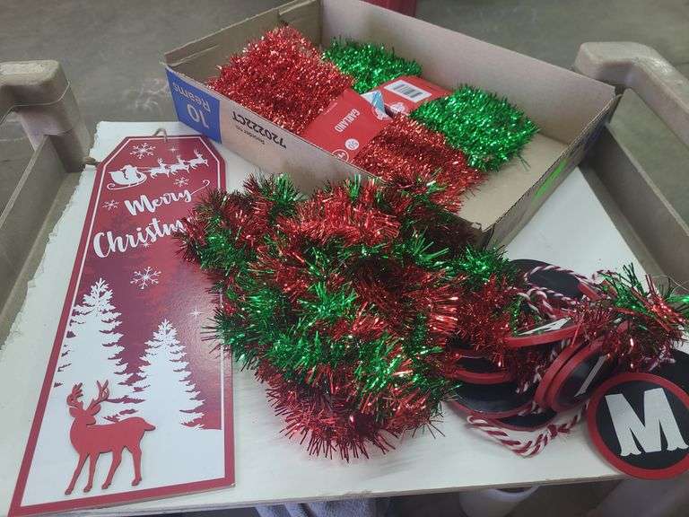 Box Of Christmas Decor, Sign And Garland