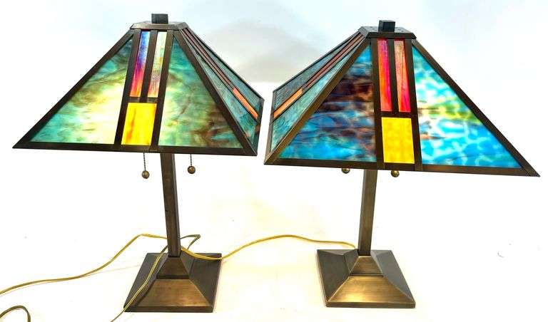 Pair of Tiffany Style Geometric Table Lamps