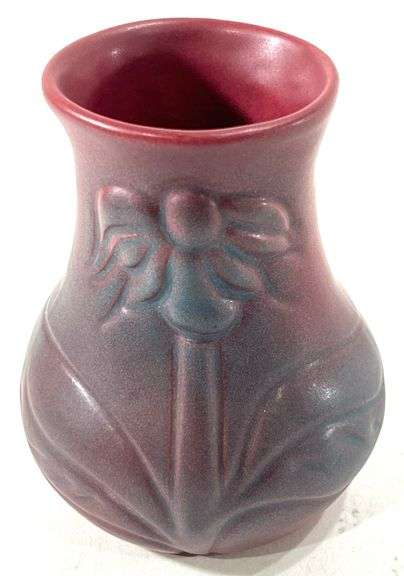 Van Briggle Burgundy w/ Blue Spray Flower Embossed Vase
