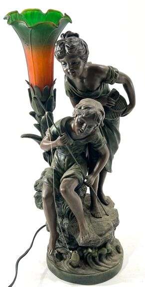 Vintage Art Nouveau Figural Boy & Girl Fishing Tulip Shade Lamp
