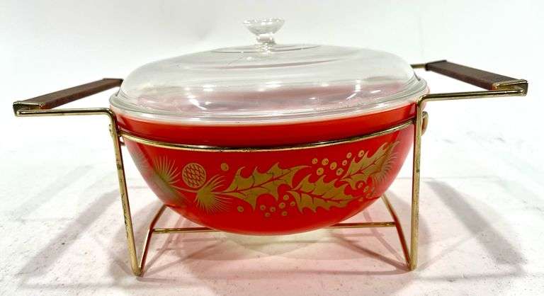 VTG 1960 Vintage Pyrex 404 Christmas Pinecone Holly Leaf 4 Qt Bowl with Lid & Stand