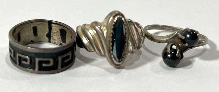 (3) Sterling Silver Rings Sz 4: Onyx & More
