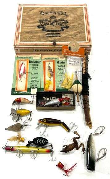 Vintage Fishing Supplies - Lures / Spinners / Wobbler / Benedict Cigar Box