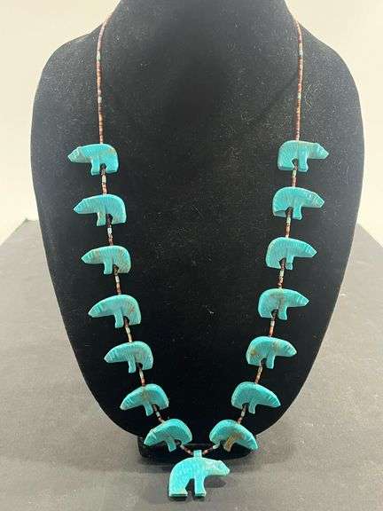 VTG Navajo Turquoise Beaded Bear Fetish Heishi Necklace