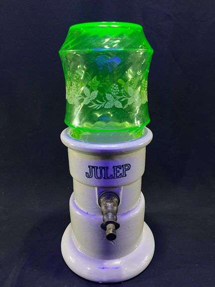 VTG Julep Crock Stoneware Drink Dispenser & Uranium Glass Top