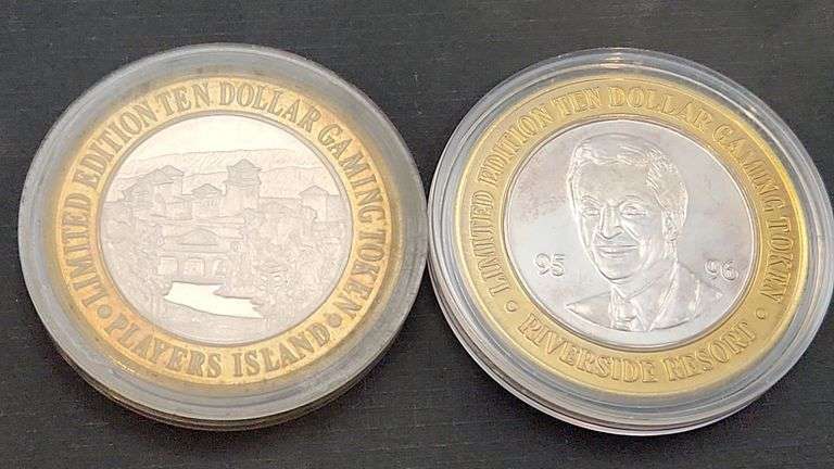 (2) Ten Dollar Limited Edition Gaming Tokens--Each Contains 0.6 troy ounces of silver