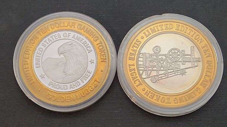 (2) Limited Edition $10 Gaming Tokens, Each Contains 0.6 Troy Ounce of Silver
