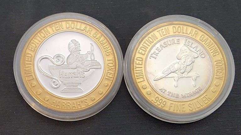 (2) Limited Edition $10 Gaming Tokens, Each Contains 0.6 Troy Ounce of Silver