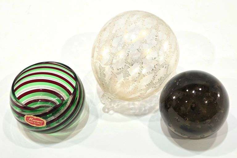 Murano Glass Ornament w 24k Gold Leaf, Murano Swirl Glass Dish & Glass Paperweight