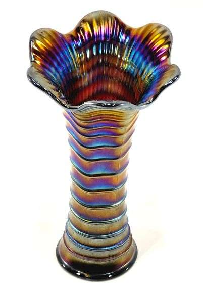 Antique Purple Imperial Ripple Carnival Glass Vase, 9 1/2" Tall