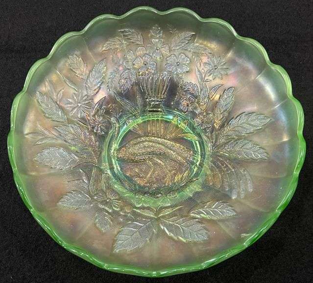 Scarce Antique Ice Green Northwood Peacock & Urn Master Ice Cream Shape Carnival Glass Bowl