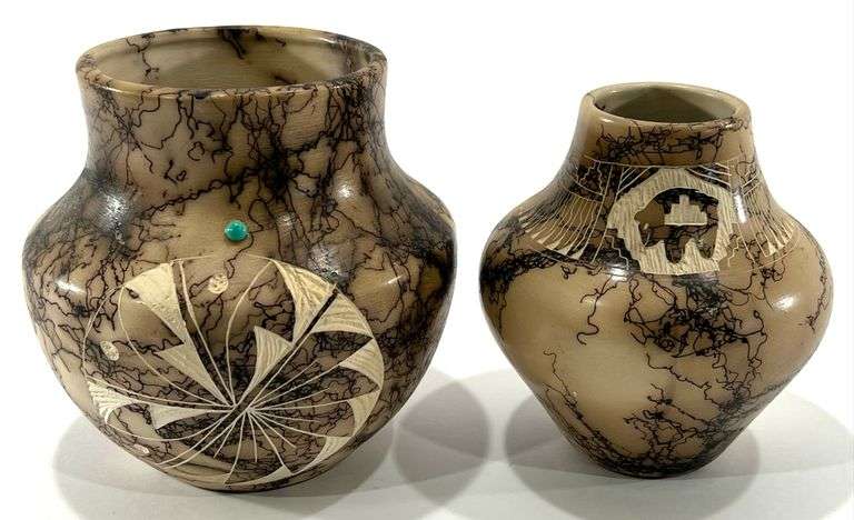 Vintage Handmade Native American Horse Hair Signed Pottery w/ Turquoise Pendants