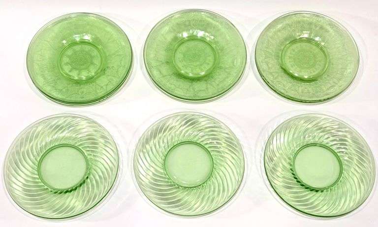 Collection of Uranium Glass 6" Bread Plates: Ballerina & Swirl Patterns