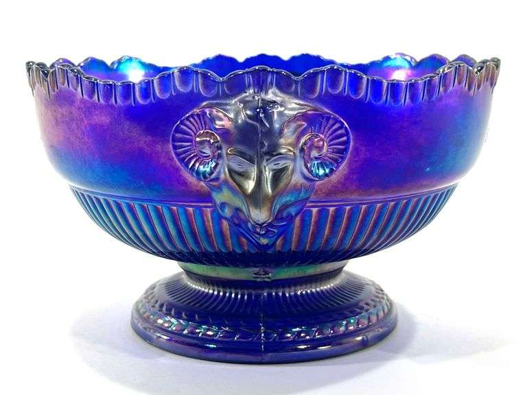 VTG Imperial Blue Carnival Glass Rams Head Centerpiece Bowl