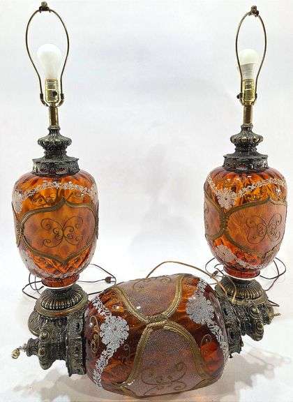 (3) MCM Hollywood Regency Italian Amber Glass Swag Lamps: (2) Table & (1) Hanging