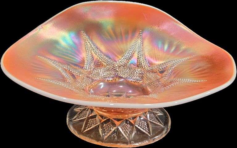 Antique Dugan Ski Star Peach Opal Carnival Glass Handgrip Plate, 8 1/4" Diameter