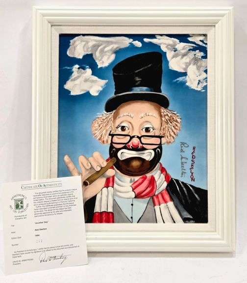 Signed Red Skelton "Another Day" Art on Porcelain Framed Plaque w CoA