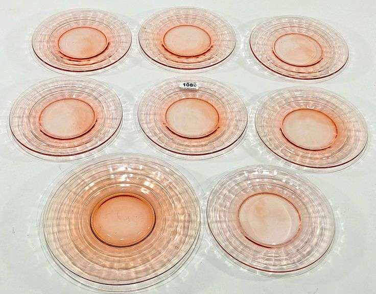 (8) Pink Hocking Glass "Block Optic" Plates, (7) 8" Luncheon, (1) 10" Sandwich
