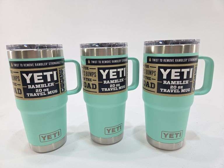 3) New Seafoam Green YETI Rambler 20 Oz Travel Mugs - Black And