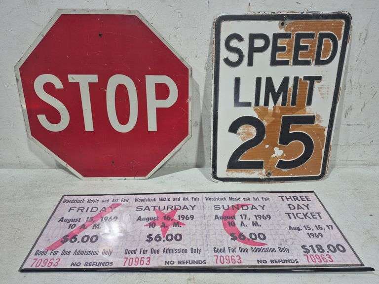 (2) Traffic Signs & Woodstock Ticket Print - Black And Gold Auctions