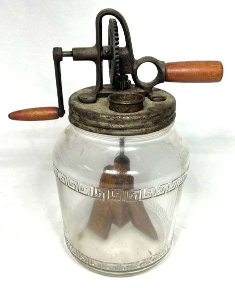 Unmarked Churn Top on Hazel-Atlas Glass Jar w/ Greek Key Patter