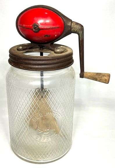 Dazey Red Top Churn Top on Old Judge Coffee Glass Cannister