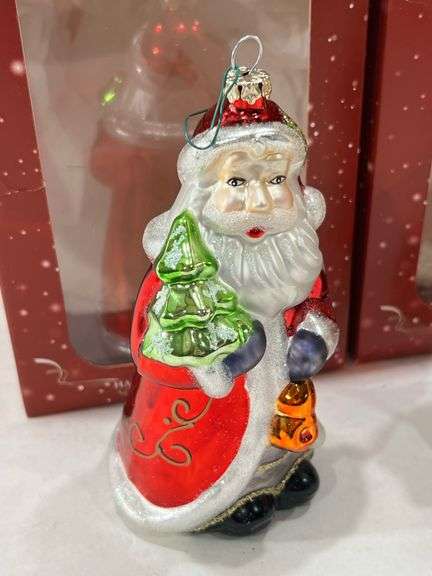 (2) Glassware Art Studio Christmas Santa Ornaments - Black And Gold ...