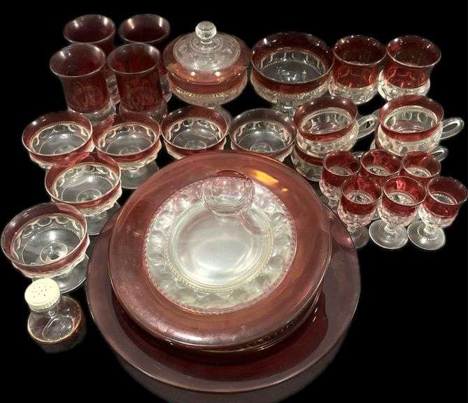 Vintage Kings Crown Ruby Red Glass Thumbprint Dishes - Black And Gold ...