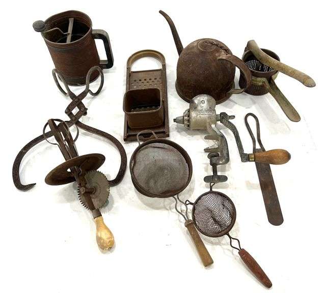 Vintage Primitive Utensils - Sifters / Grater / Food Chopper / Kettle ...